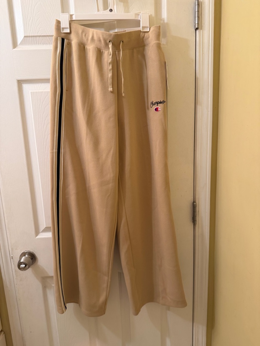 Champion Tan Wide-Leg Sweatpants with Black & White Side Stripes